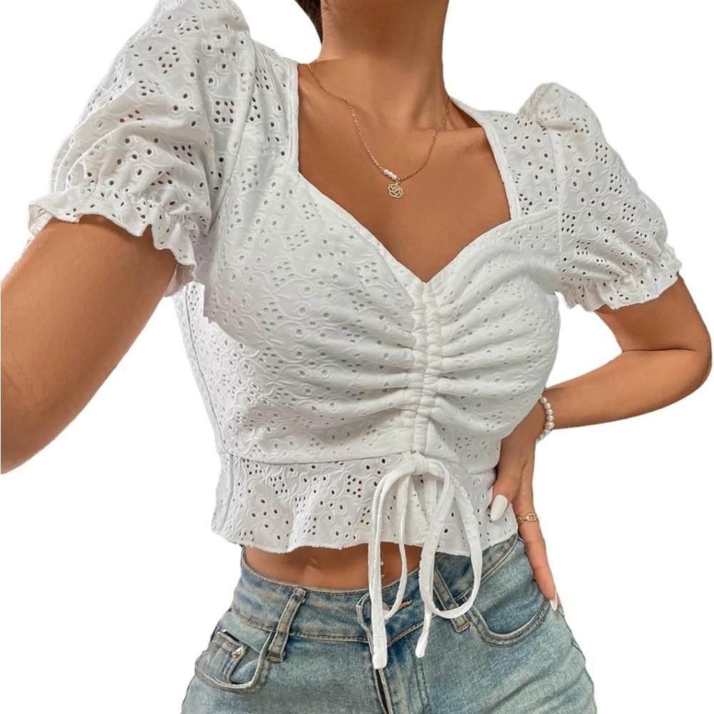 White Eyelet Puff Sleeve Crop Top